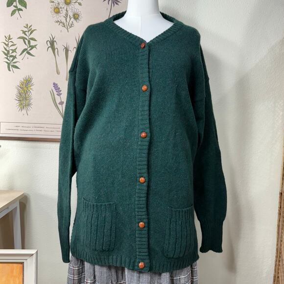Vintage 80s 90s Woolrich Green Wool Grandpa Cardigan Sweater Twee Cottage L - Picture 2 of 9